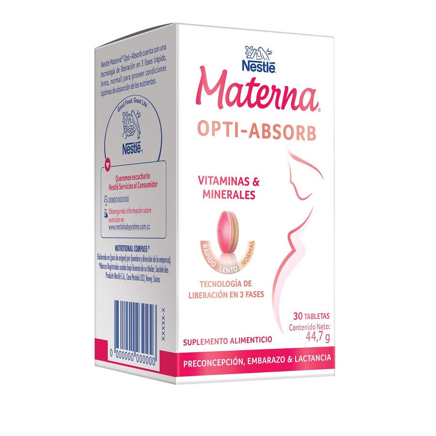 Tabletas Nestlé Materna Vitaminas y Minerales Frasco con 30 Tabletas